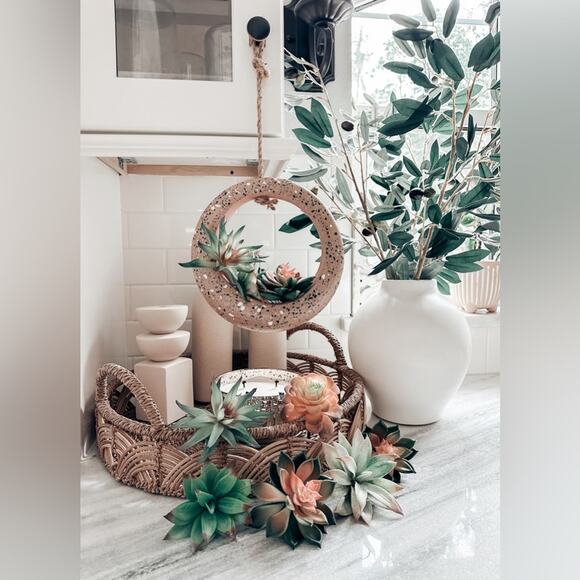 Jungalow lot succulents + terrazzo terracotta hanging circle planter boho home - Picture 5 of 8